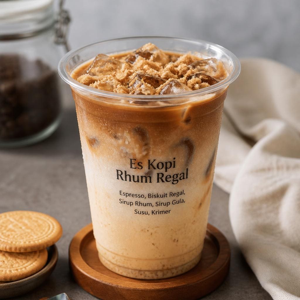 Es Kopi Rhum Regal Kopi Ruang Hati dengan espresso biskuit regal sirup rhum sirup gula susu dan krimer